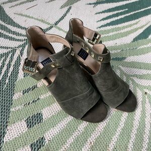 White House Black Market Olive Suede Ankle Strap Peep-Toe Heels